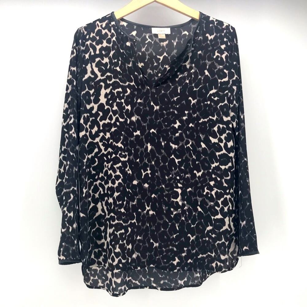 Loft Leopard Print Top Womens Medium V Neck Faux Leather Trim Long Sleeve